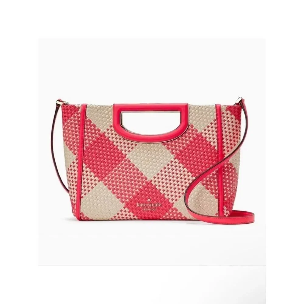 Kate Spade NY Alexia Pink & White Gingham Woven Convertible Crossbody Clutch Bag